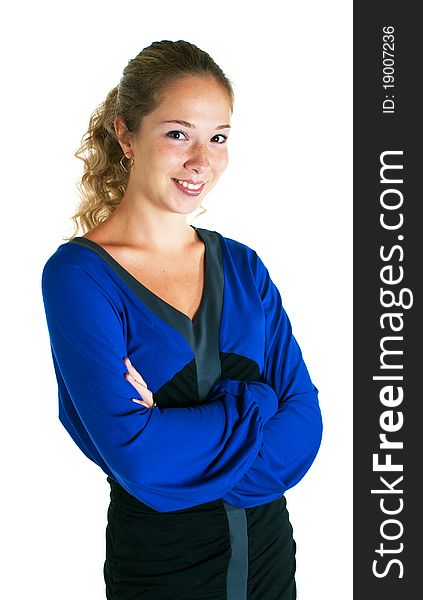 The smiling beautiful girl in dress of blue and black colors on a white background.