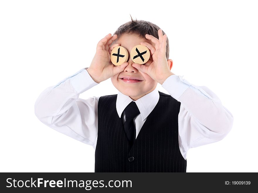 Schoolboy with two wooden round