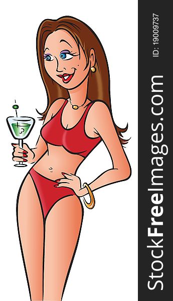 Cartoon illustration of a bikini model with a martini. Cartoon illustration of a bikini model with a martini