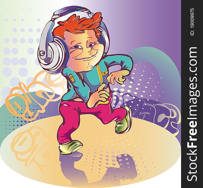 Red-haired boy in headphones dancing at a party at the disco. Red-haired boy in headphones dancing at a party at the disco