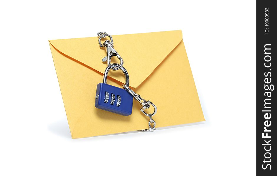 Yellow paper envelope attached with padlock and chains. Isolated on white with clipping path. Yellow paper envelope attached with padlock and chains. Isolated on white with clipping path