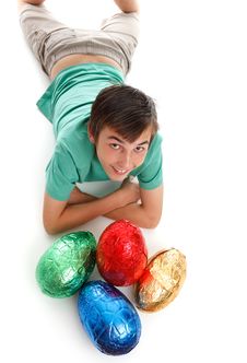 Boy With Four Large Easter Eggs Royalty Free Stock Photography Boy With Four Large Easter Eggs Royalty Free Stock Photography