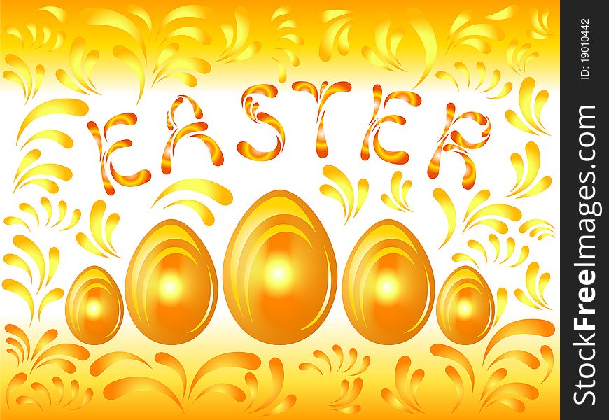 Golden Easter background with eggs and curlicues