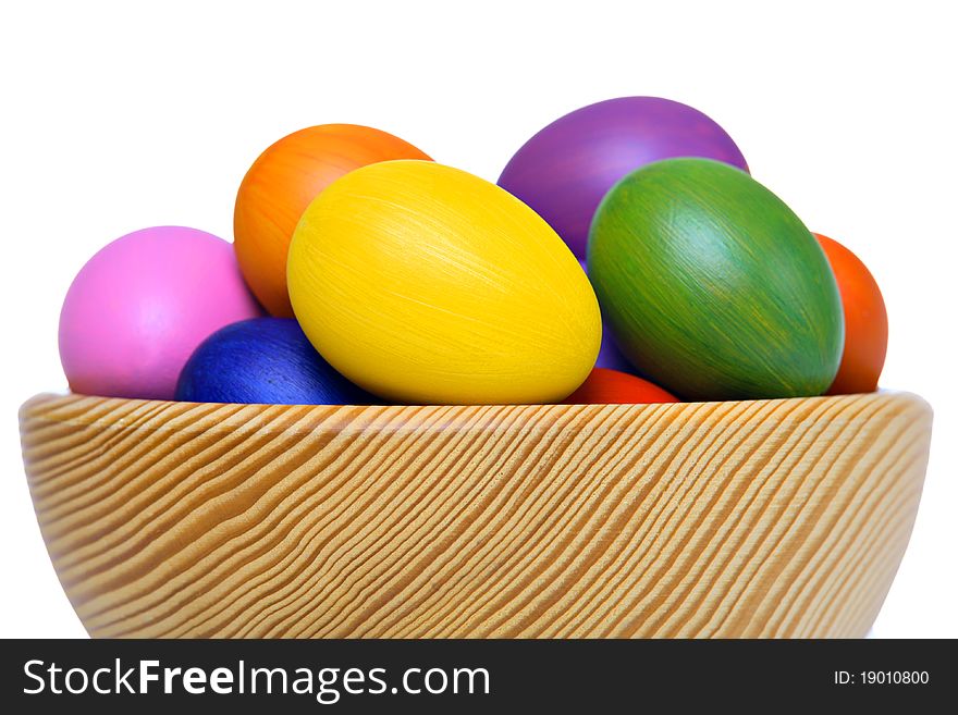 Colorful Easter Eggs In Wooden Bowl