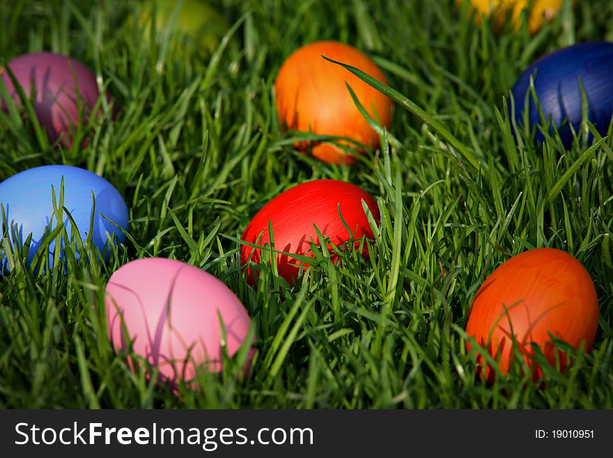 Different colorful Easter eggs hidden in the grass