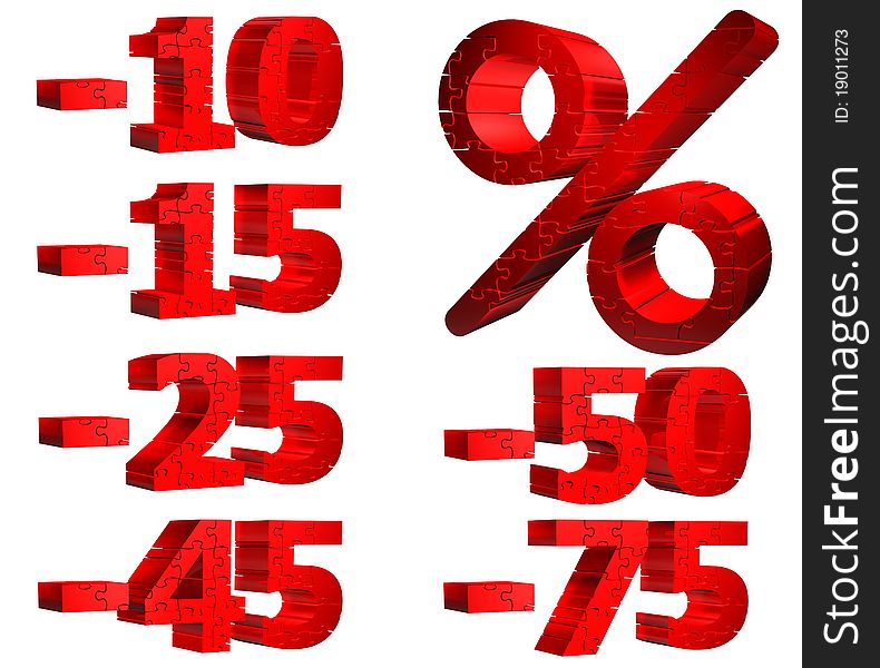 Illustration on discounts - percent sign - numbers - Puzzle - isolated. Illustration on discounts - percent sign - numbers - Puzzle - isolated