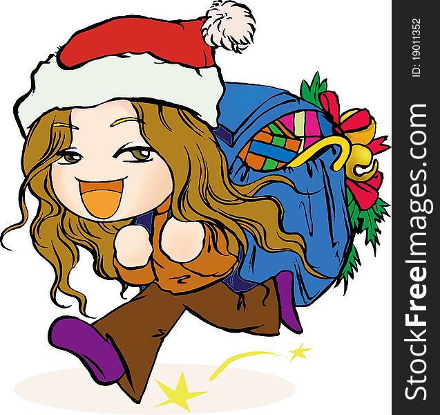 Illustration of Girl carrying Christmas gifts