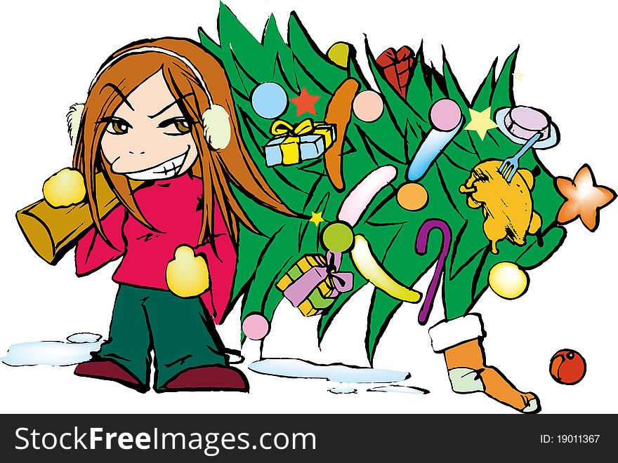 Illustration of Girl carrying Christmas tree