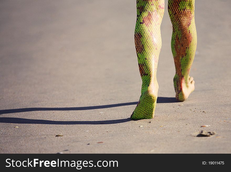 Human legs with snake skin walking along the beach. Human legs with snake skin walking along the beach.