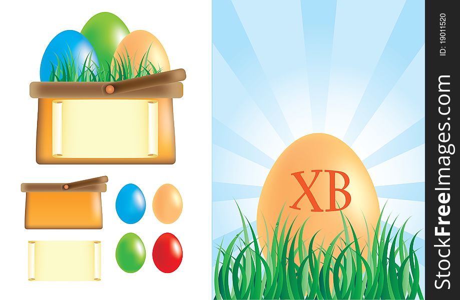 Easter basket with eggs,  illustration, can be used as background for a postcard