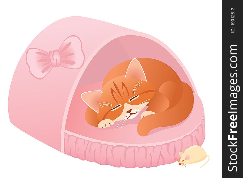 Cute red kitten sleeping in its pink bed. Vector illustration. Cute red kitten sleeping in its pink bed. Vector illustration.