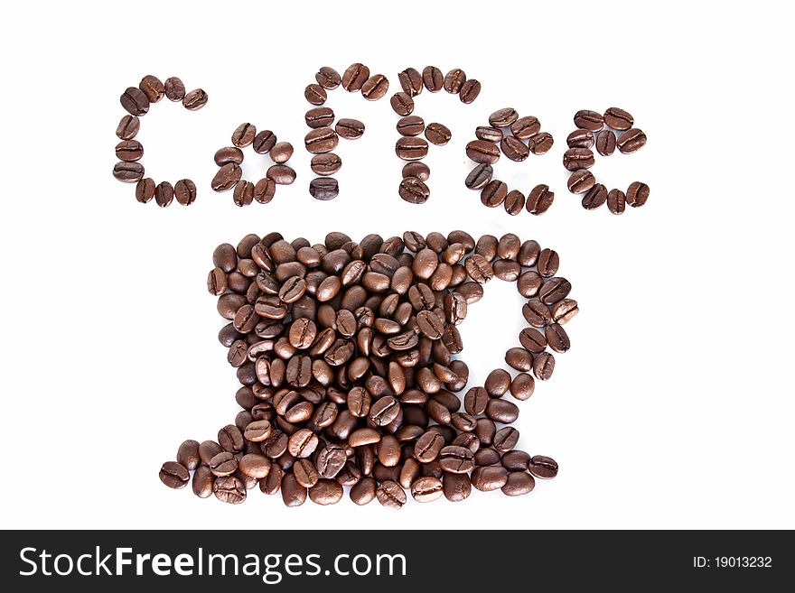 Coffee cup made of coffee beans on white background
