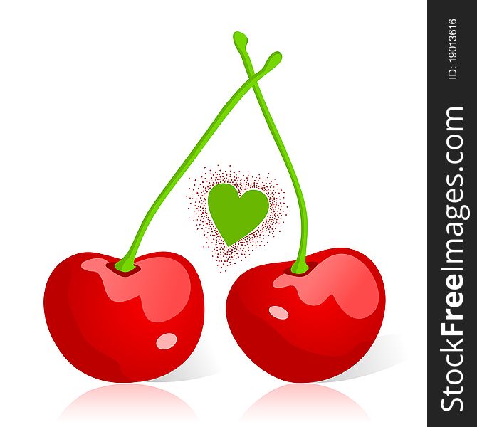 Two red cherries and heart. A illustration. Two red cherries and heart. A illustration