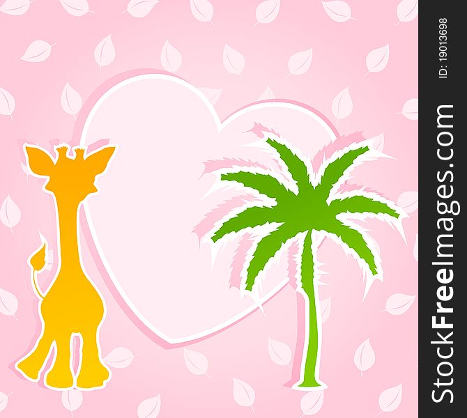 Card for children with a giraffe and a palm tree. A illustration