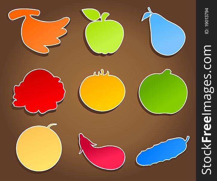 Icons of vegetables and fruit on a brown background. A illustration. Icons of vegetables and fruit on a brown background. A illustration