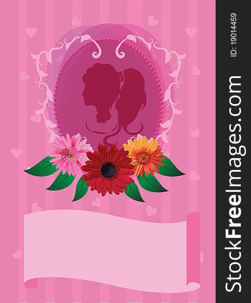 Invitation romantic card with girl silhouette and flowers