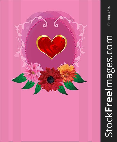Invitation romantic card with heart and flowers