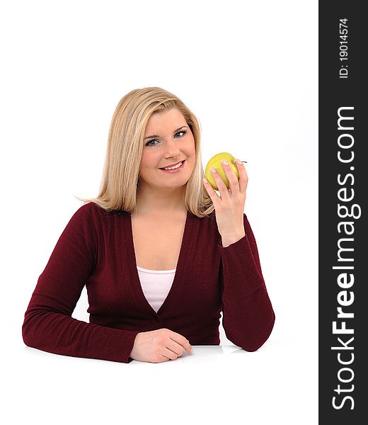 Pretty casual female with green apple. isolated