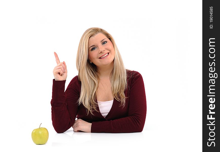 Pretty casual female with green apple. isolated