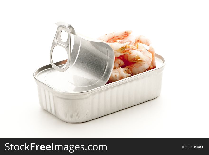 Opened tinned shrimps ready to be eaten.