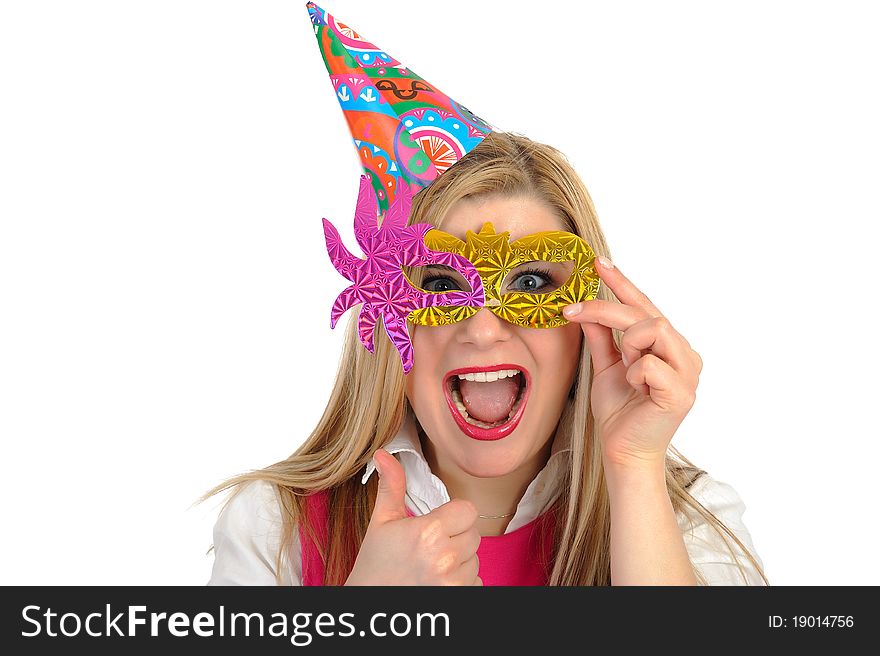 Pretty party female celebrating birthsday and having fun. isolated