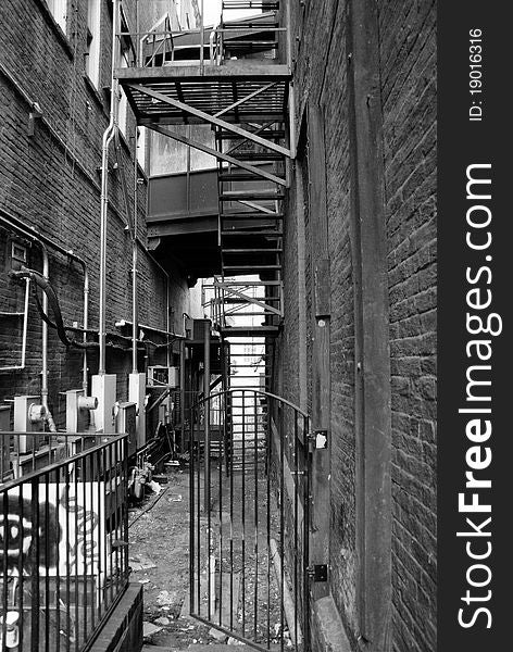 An old alleyway shown in black and white