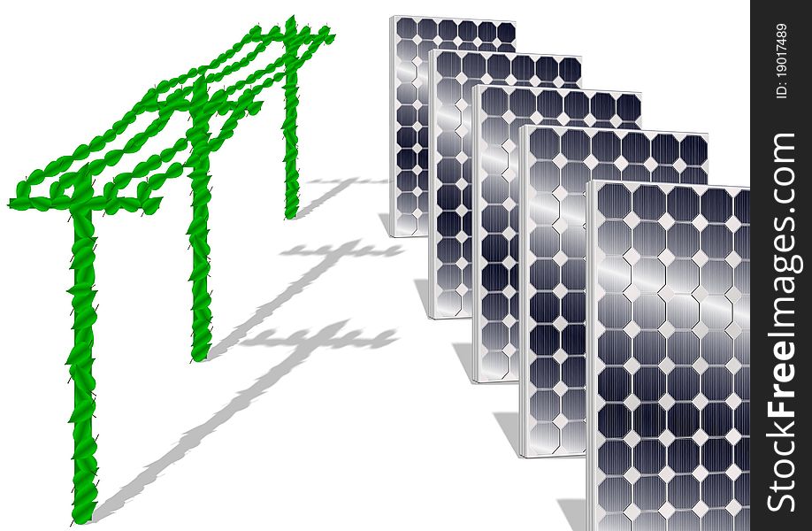 Illustration of a renewable energy producer, solar panels and power lines covered with green leaves