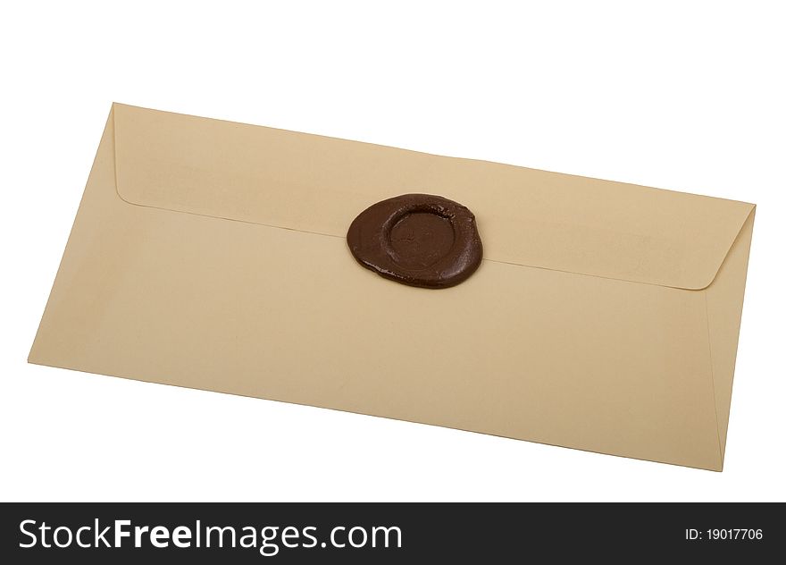 Envelope  with  sealing wax stamp, isolated on white background