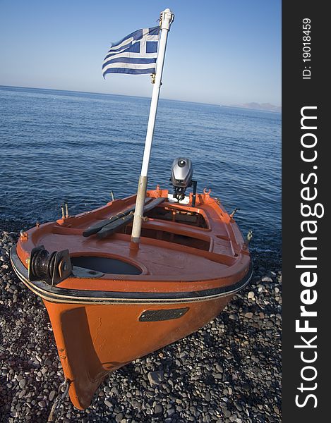 Orange Motorboat with Greece Flag