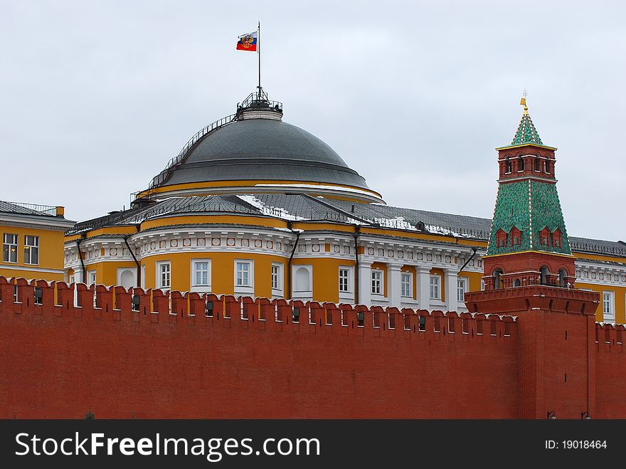 View at the Moscow Kremlin from red square. Senate edifice and the Senate tower.