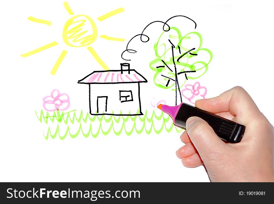 Hand drawing the house on a green grass near to a green tree under the sun isolated on white background. Hand drawing the house on a green grass near to a green tree under the sun isolated on white background