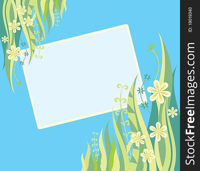 Greeting card spring background of greenery and flowers