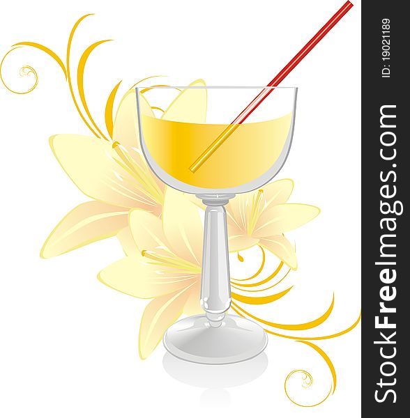 Glass with cocktail and bouquet of lilies. Illustration