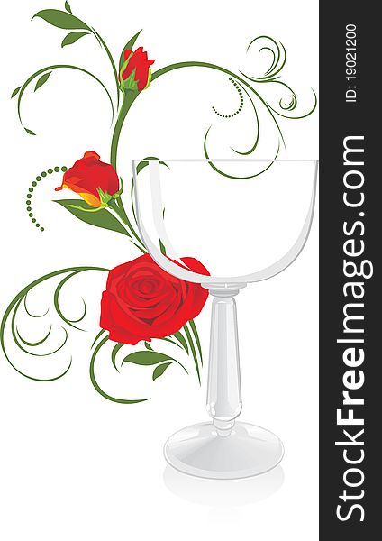 Wine glass and bouquet of roses. Illustration