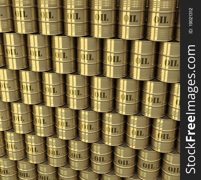 A wall of oil barrels as golden monolithic structure from higher perspective looking down. A wall of oil barrels as golden monolithic structure from higher perspective looking down