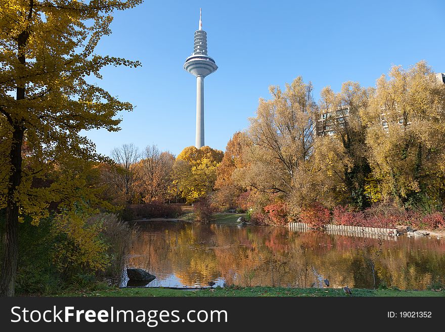 The Frankfurter fernsehturm (Television Tower) alongside the golden colours of Autumn. The Frankfurter fernsehturm (Television Tower) alongside the golden colours of Autumn