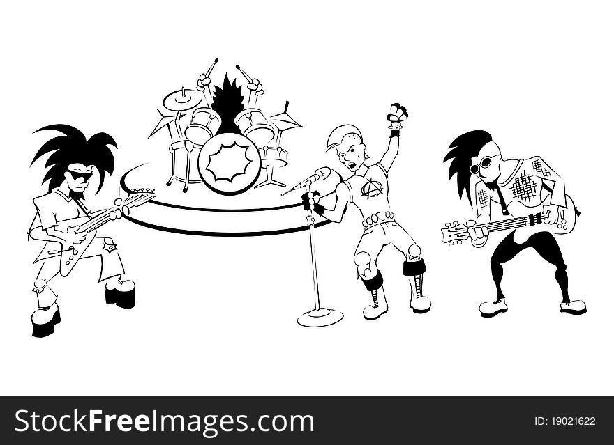 A black and white illustration of a rock band. A black and white illustration of a rock band