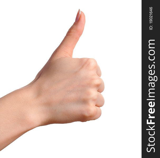 Woman hand showing thumbs up gesture isolated