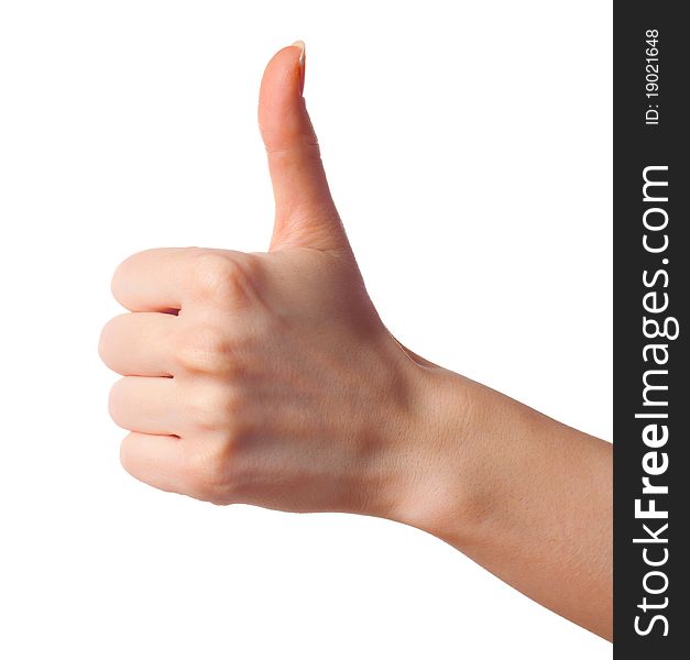 Woman hand showing thumbs up gesture isolated
