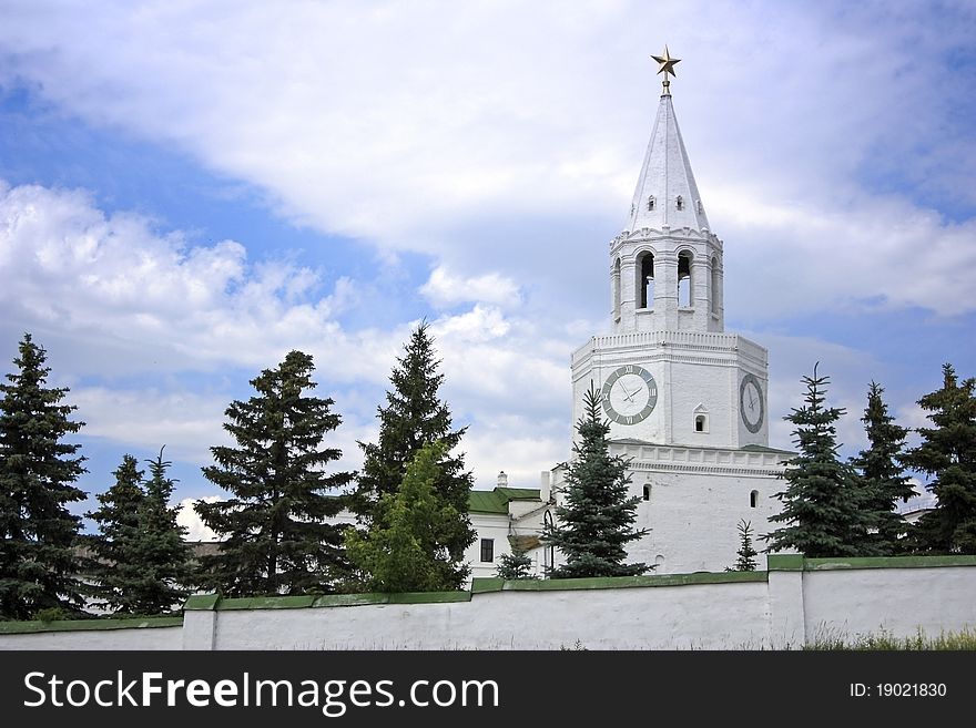 White, stone tower with hours, Kazan Kremlin