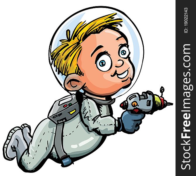 Cute cartoon of spaceman with a laser gun. He is in a spacesuit