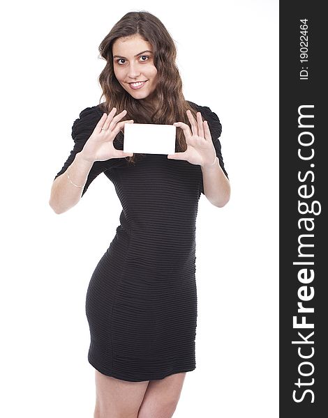 Smiling woman holding an empty card. Smiling woman holding an empty card