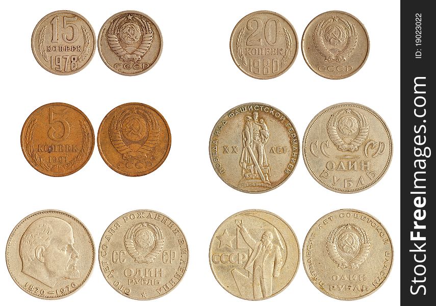 Antique coins of ussr 1965-91 years isolated on white background