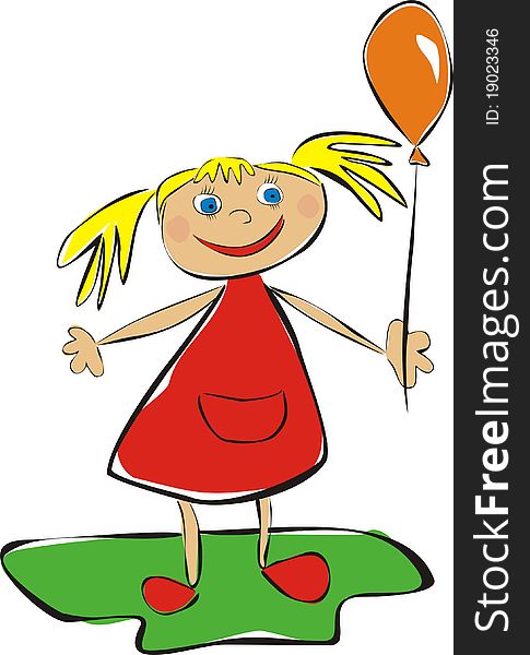 Girl with balloon. Children's drawing