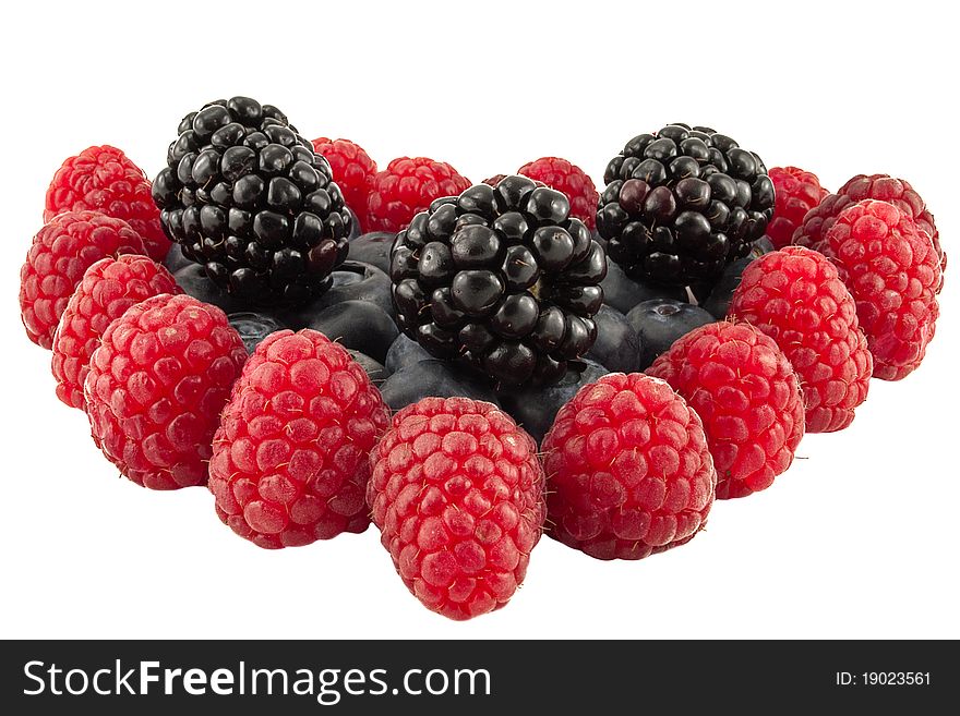 Berries, raspberry, bilberry, blackberry isolated a white background