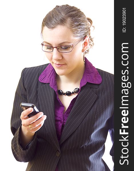 Young woman using cellphone, on white background. Young woman using cellphone, on white background