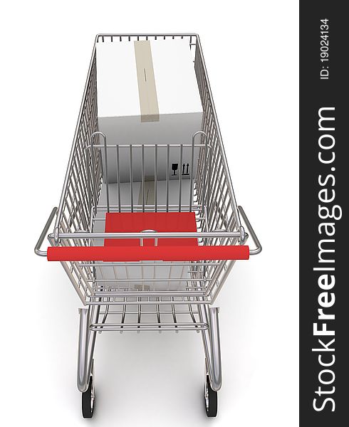 Shopping cart with boxes. 3d rendering on white background