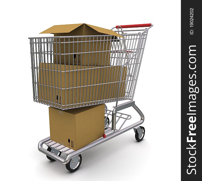 Trolley with an open cardboard box. 3d rendering on white background