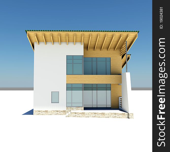 House with a green roof is on a white ground against the blue sky. front view