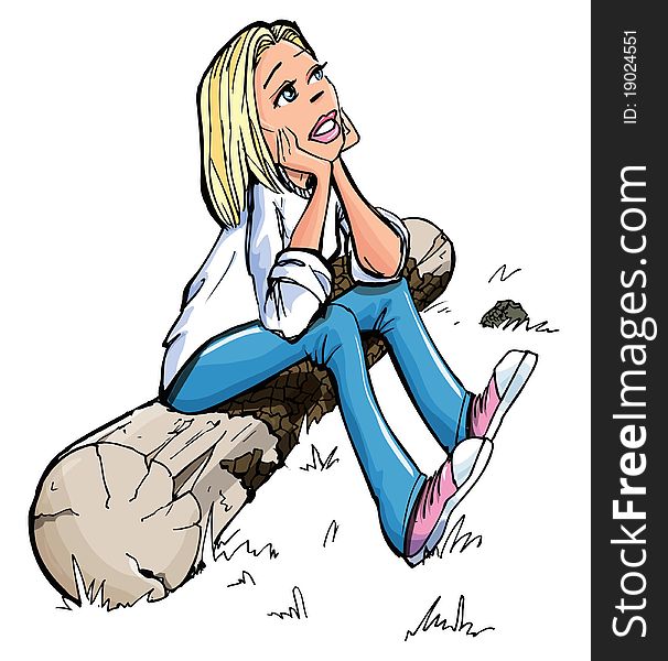 Cartoon of pretty blonde girl sitting on a log. She stare wistfully upwards
